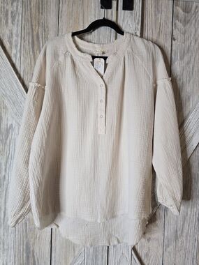 Light Cream Gauze Henley Blouse - Women